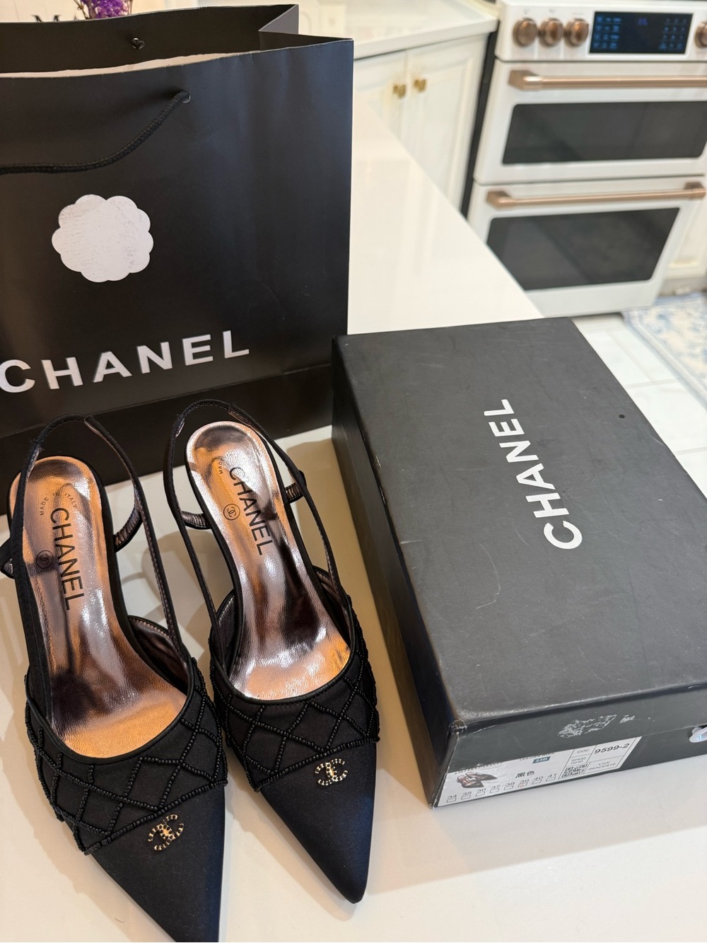 Gently Worn CHANEL Black Beaded Slingback Pointed-Toe Pumps. Vintage!